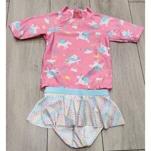 Girls Unicorn Rainbow Pink Rash Guard Swim Set Skirted Swimsuit Size 4T UV Skinz